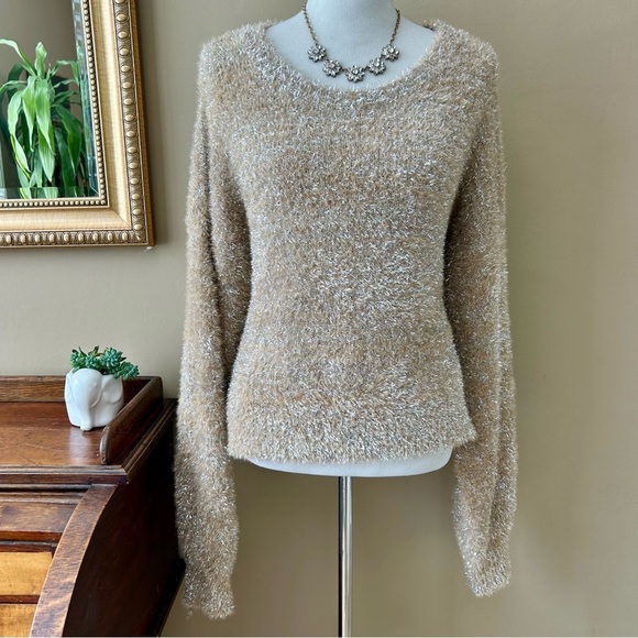 Anthropologie Maeve Tinsel Eyelash Sweater in Sand Tan Silver Size XL - Picture 4 of 14